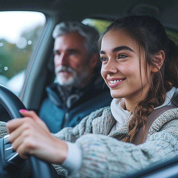 young girl in car taking driving lessons