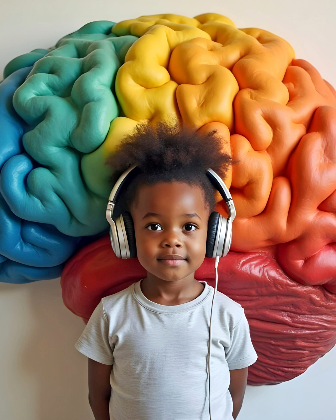 Child wearing headphones standing in front of a multicoloured brain.