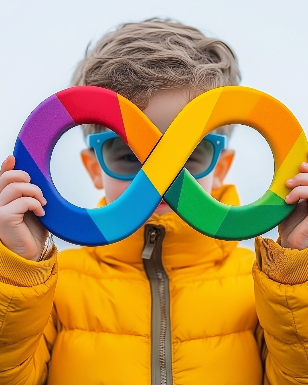 A child wearing a yellow sweater holding a multicoloured infinity symbol up to his face, peering through the openings.