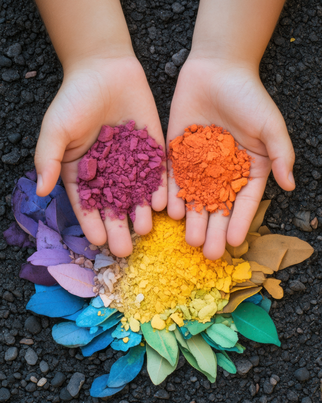 2 hands, open and palms up holding multicoloured dust in front of a flower image created out of coloured dust