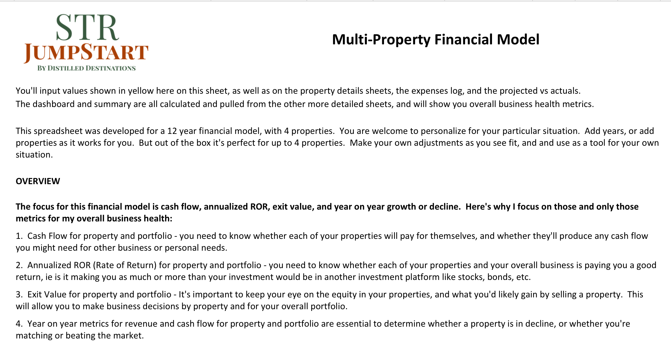 Clear instructions and explanations to use your model for a long term financial planning and tracking tool.
