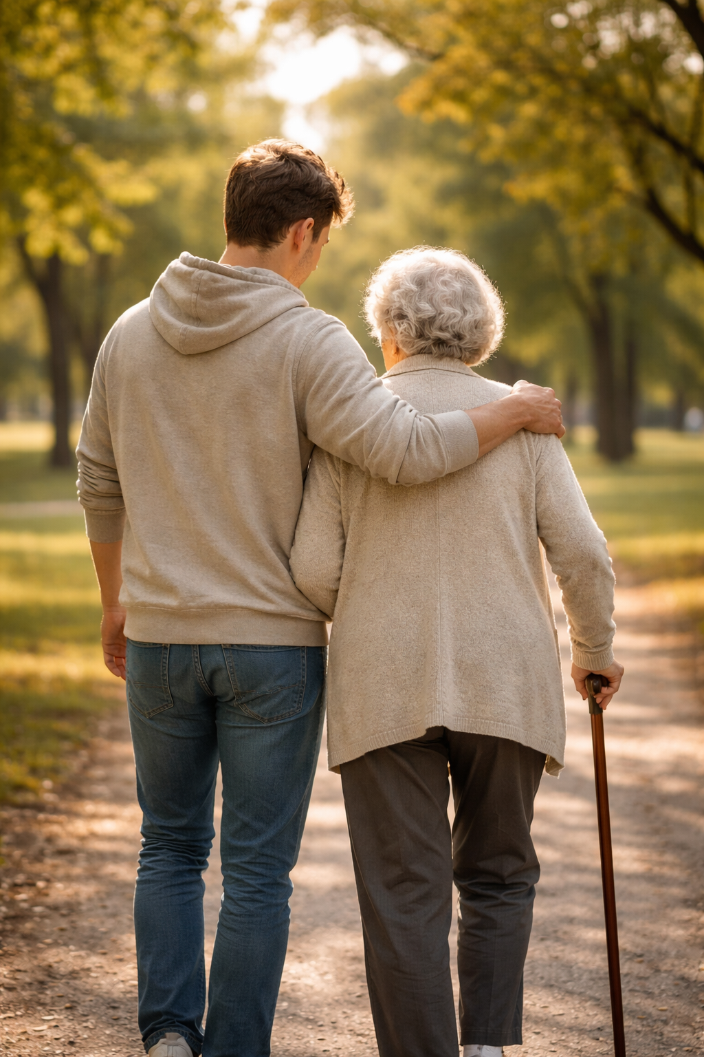 young man and older woman walking together