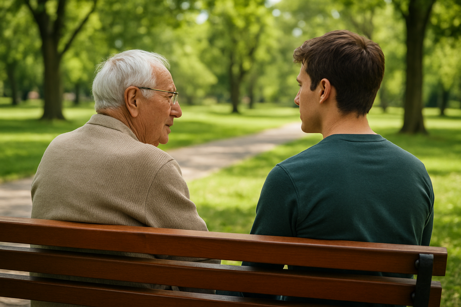 Older man and younger man sitting on bench