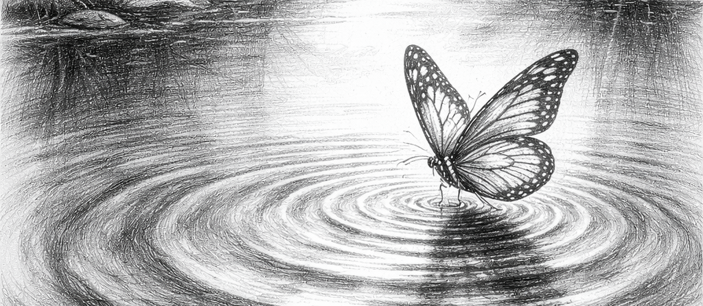 butterfly making ripples on pond