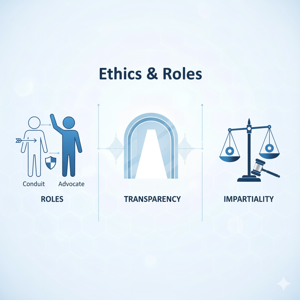 Ethics & Roles: Explore the various roles like Conduit and Advocate, and the importance of transparency and impartiality