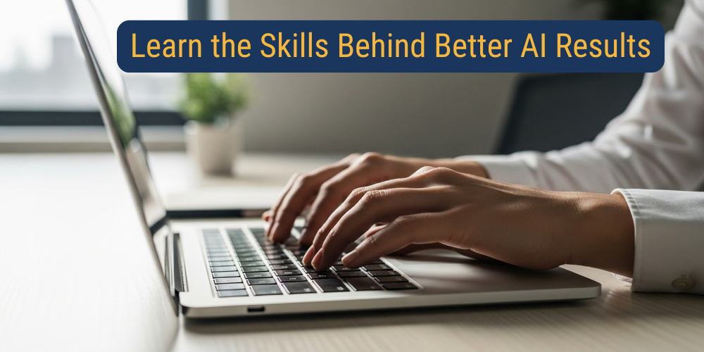 I person is sitting at a table and typing on their laptop. The words 