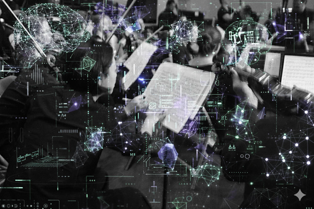 orchestra with AI code overlayed