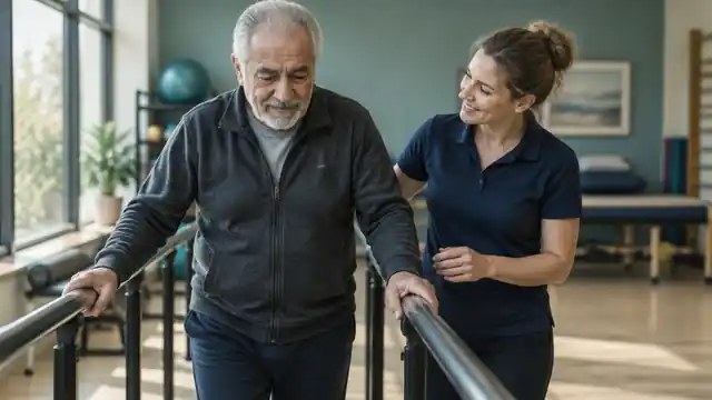 A therapist guarding a patient at the parallel bars