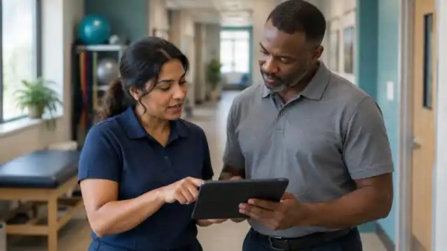 Two clinicians reviewing clinic data on a tablet