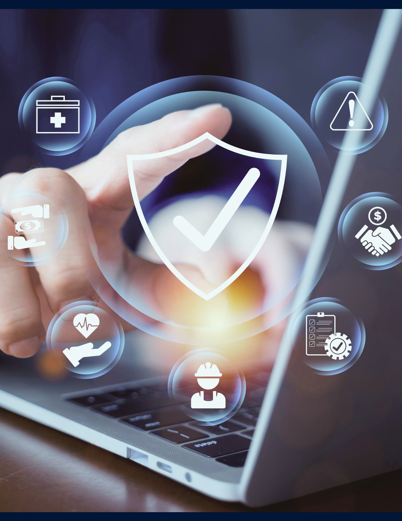 graphic of a person navigating on a laptop with an overlay of different icons representing activities like work, healthcare and financials.