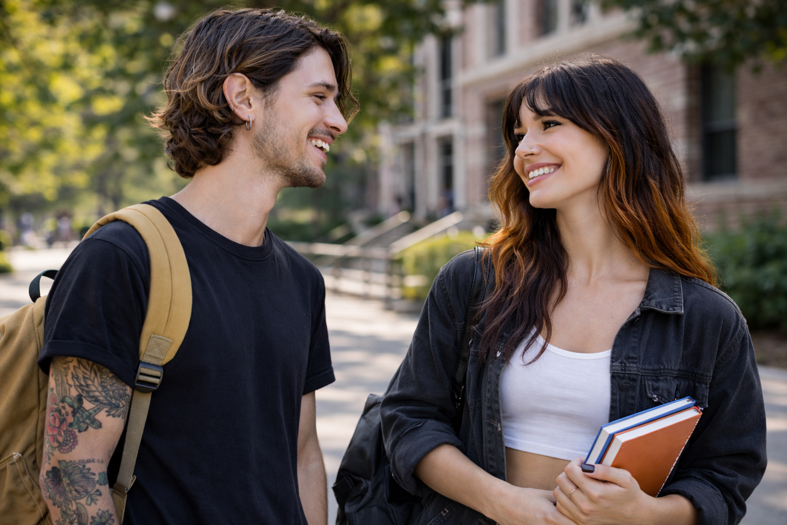 Two friends on a university campus