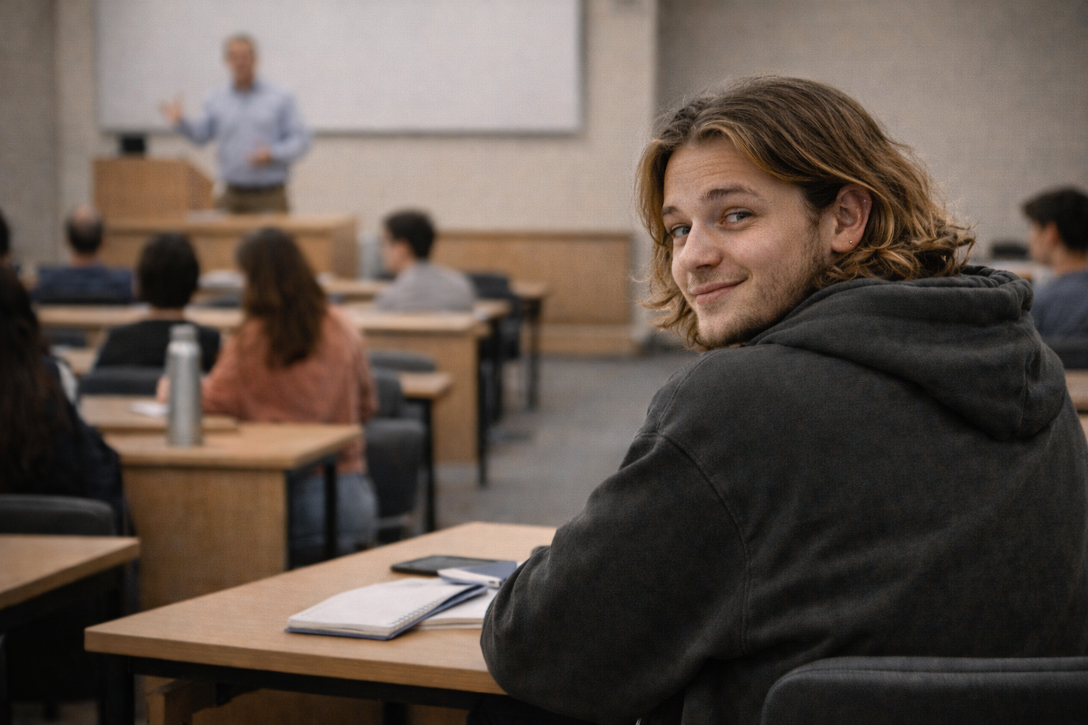 student in university class looking over his shoulder