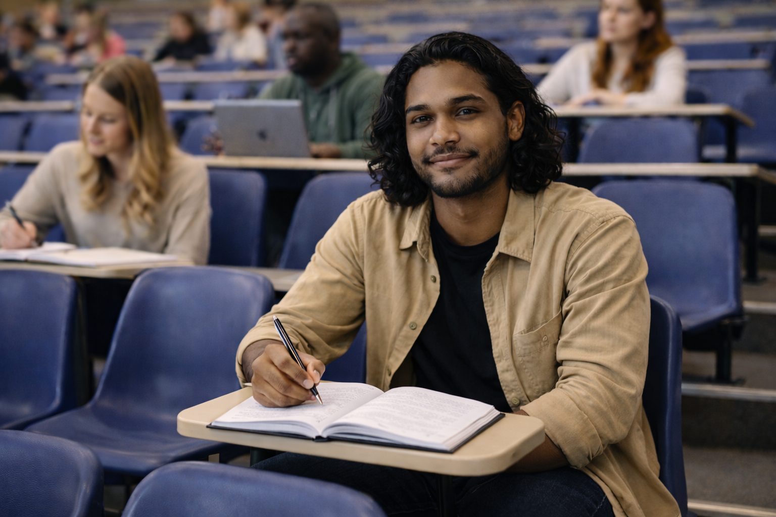 student in university classroom with book open