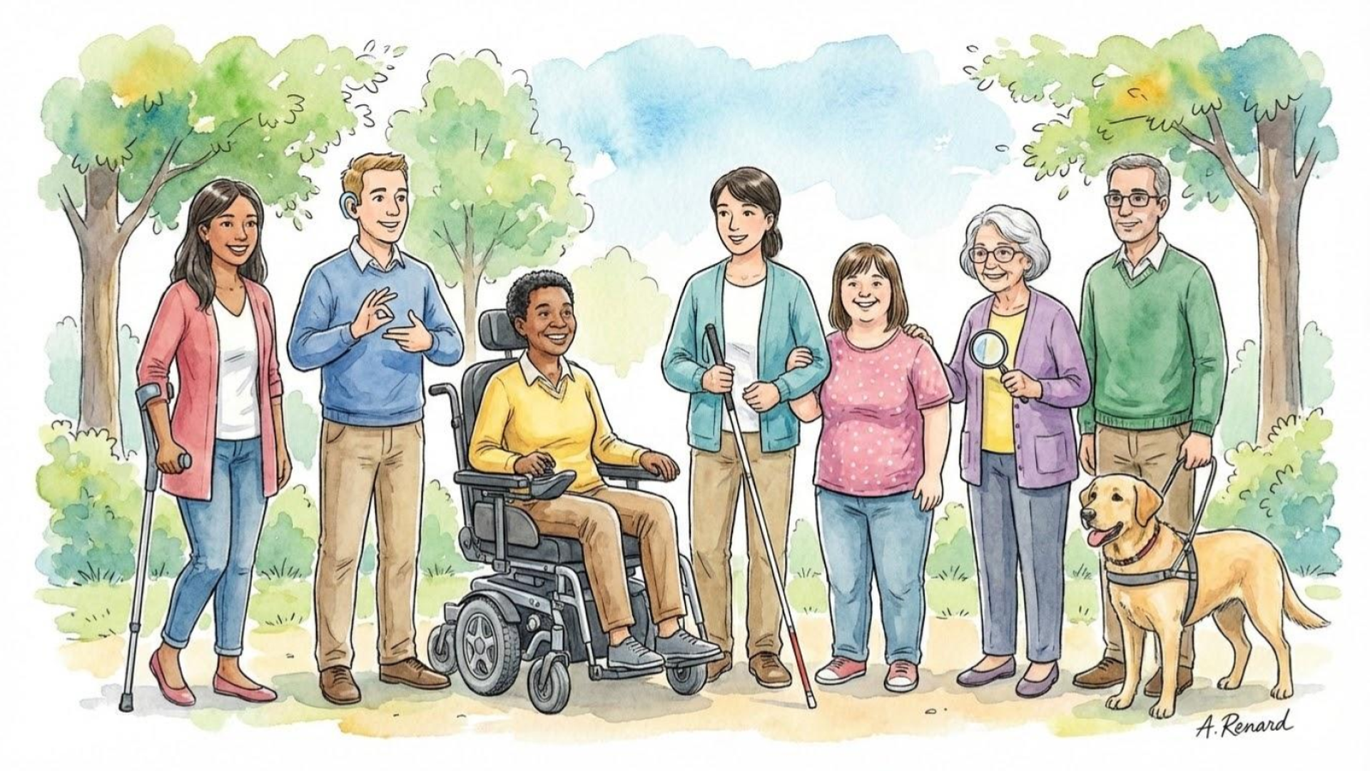 A group of people with disabilities in a watercolor painting style