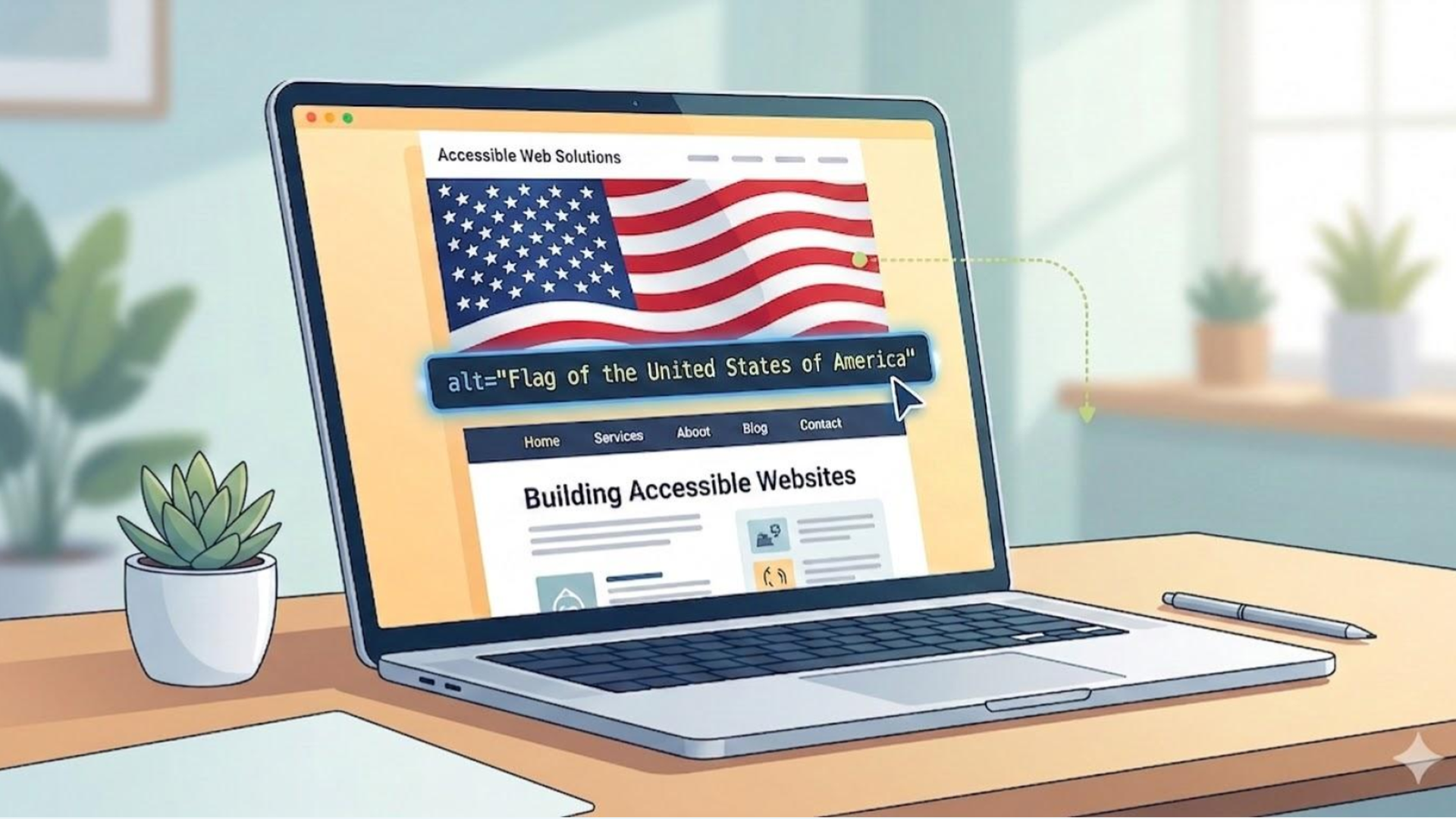 A laptop open with an image of the American flag and the alt text attribute being set