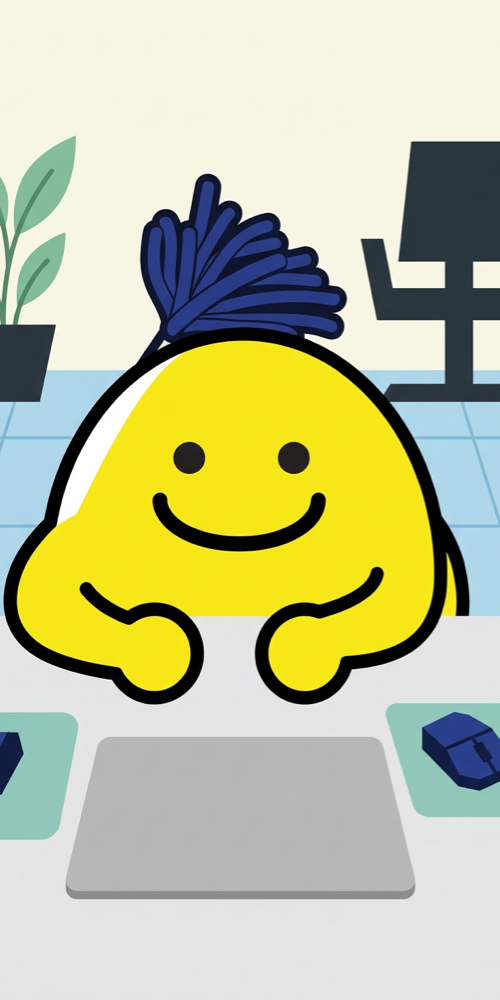 Knomo character sitting at a computer desk