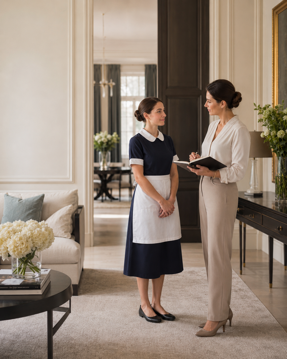 Professional housekeeper receiving guidance on standards, conduct and private household service in an elegant home.