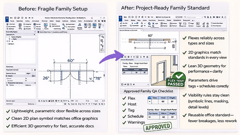 Before and after comparison of fragile Revit architecture families versus project-ready families with clean parameters and QA approval.