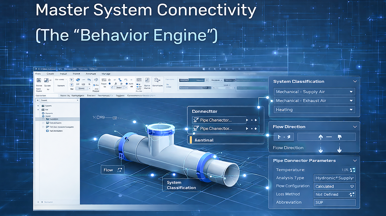 Revit MEP family showing connector setup, system classification, and flow direction used to ensure accurate calculations and system behavior.