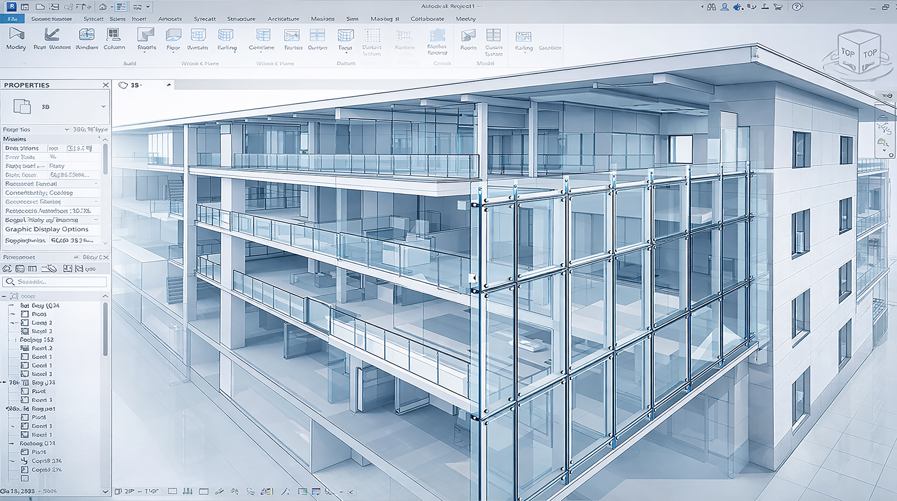 3D Revit Architecture model showing intelligent building elements like curtain walls and floor slabs driving documentation. 