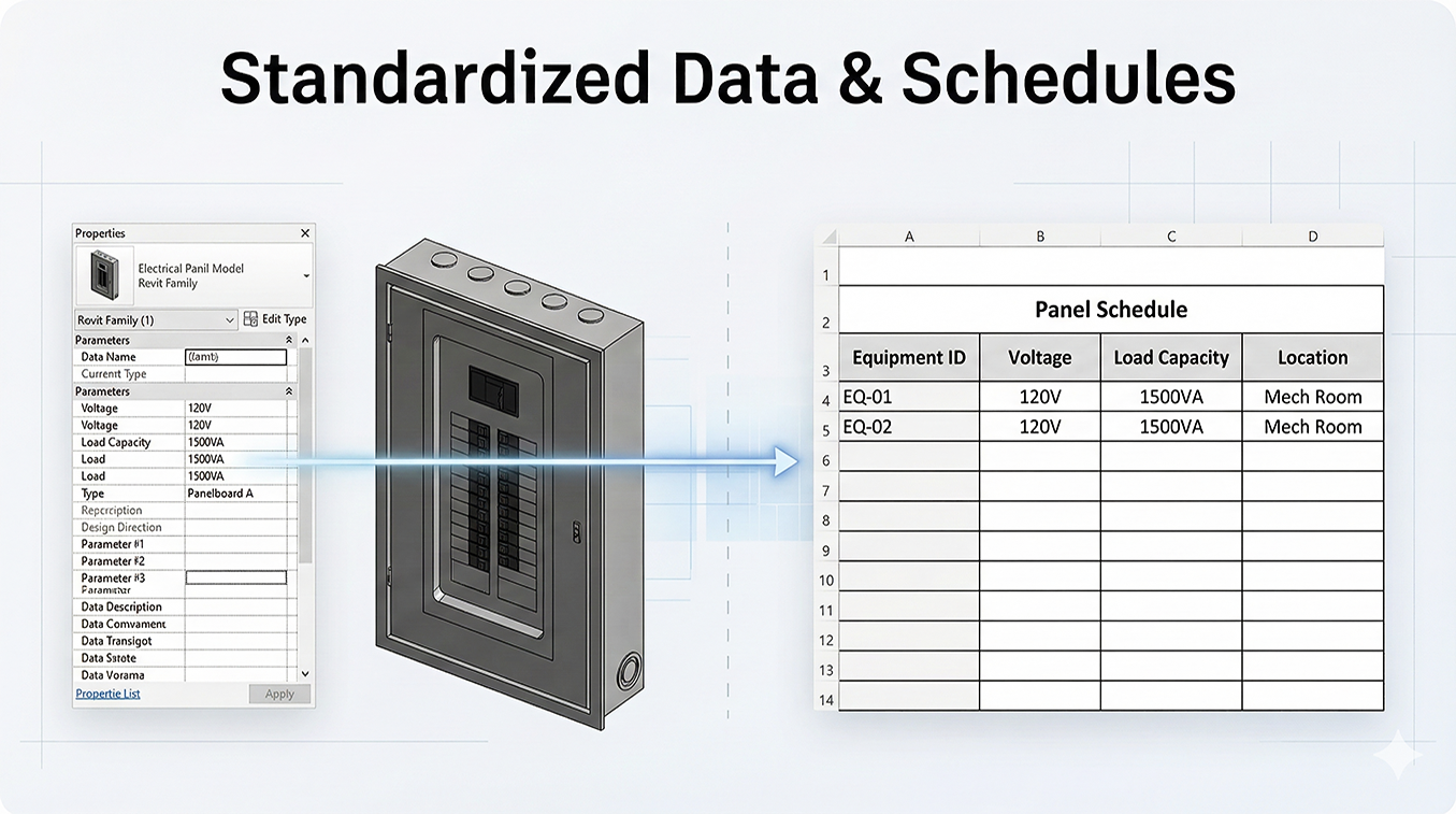 Revit MEP family parameters driving accurate panel schedules, tags, and BOM data through standardized types and shared parameters.