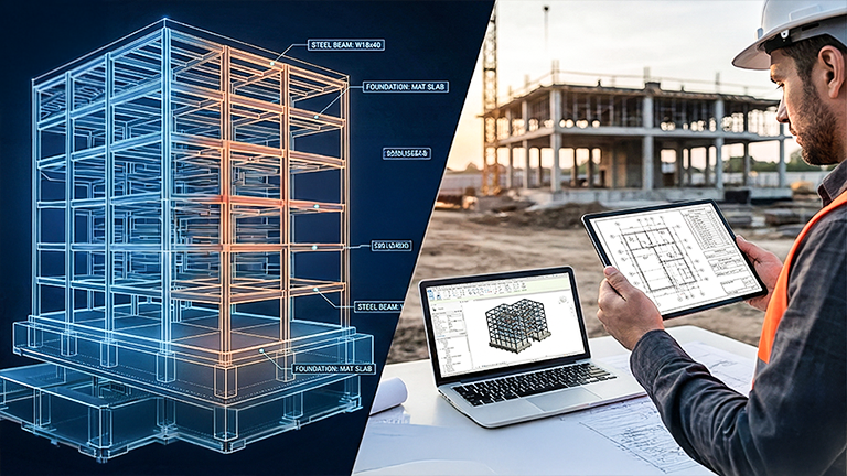 Revit Structure Foundations hero banner showing the CAD-to-BIM workflow for framing, foundations, and sheet-ready structural delivery.
