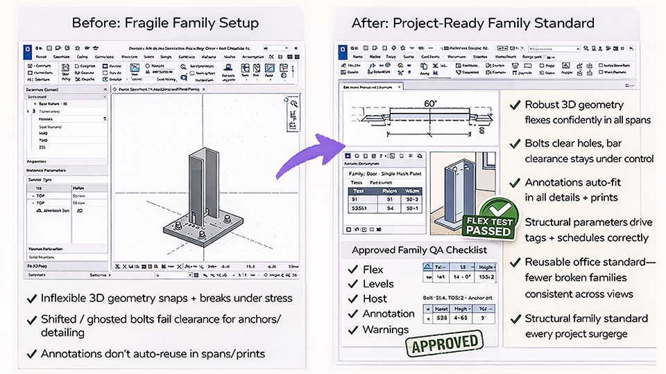 Structural Revit family before-and-after comparison highlighting failed flex behavior versus approved project-ready family standards and QA validation.