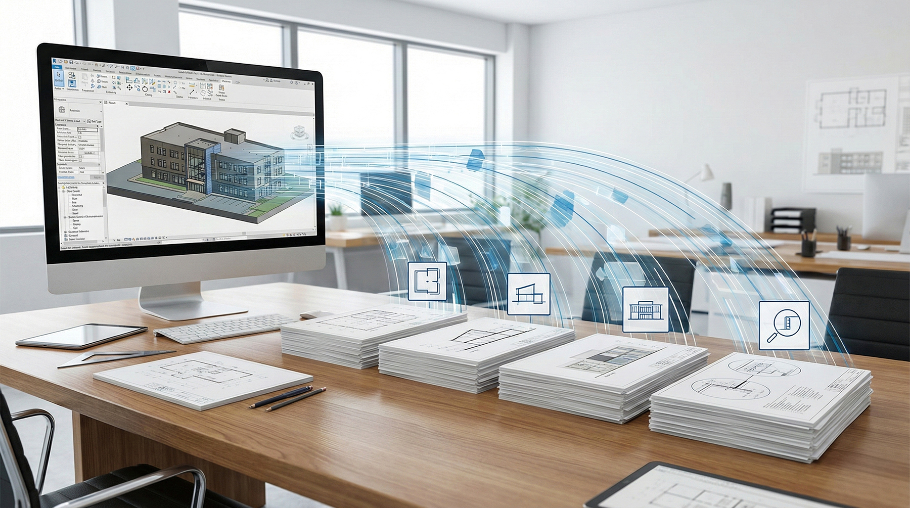 Icon representing Revit model-to-sheet workflow where plans, sections, and elevations update automatically from the model. 