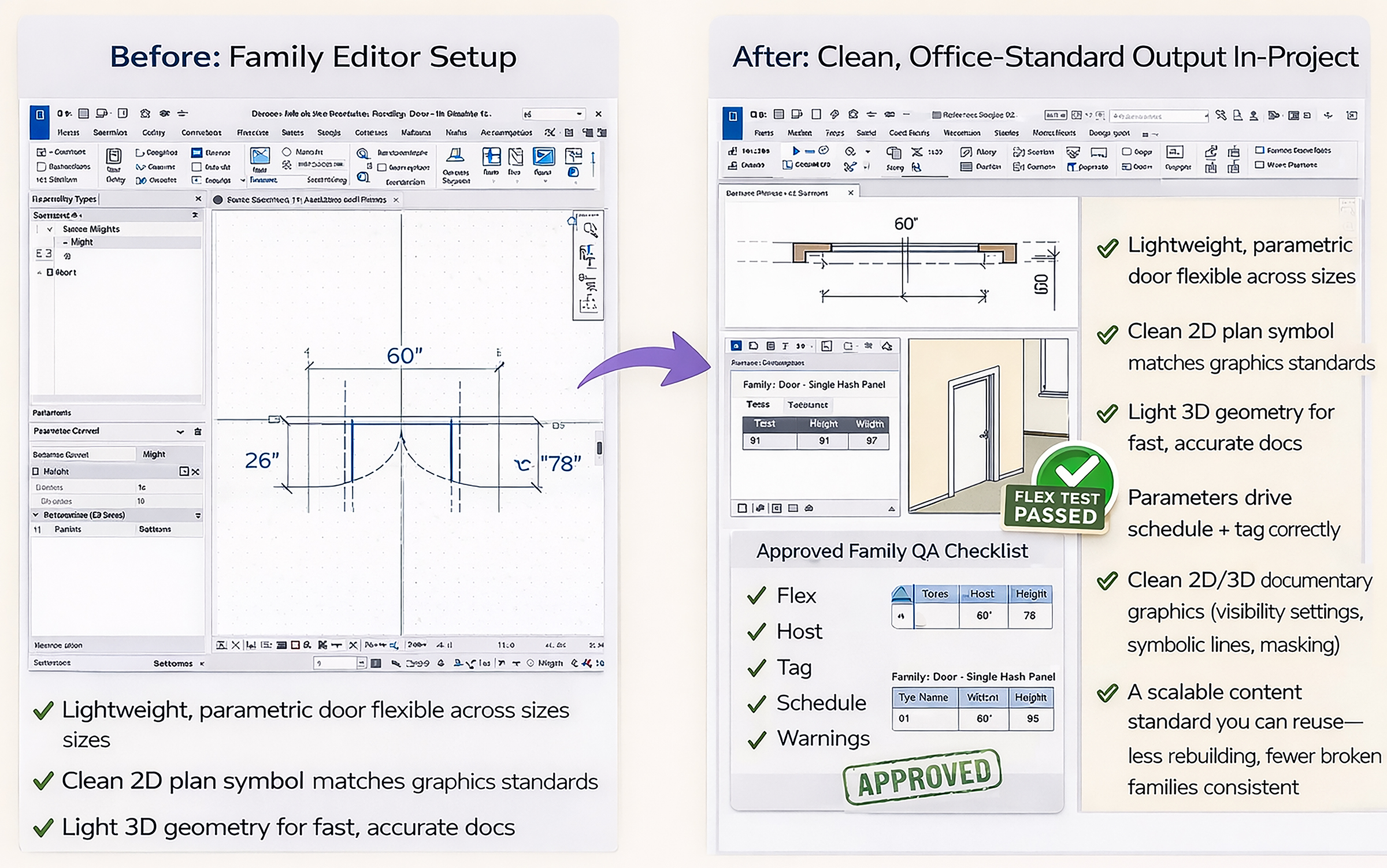 Before and after comparison of fragile Revit architecture families versus project-ready families with clean parameters and QA approval.