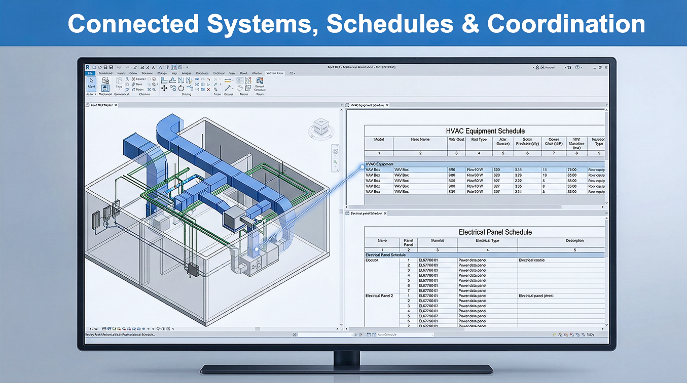 Schedules & Coordination icon: Keep MEP systems, schedules, and panel boards aligned so coordination stays controlled and predictable.