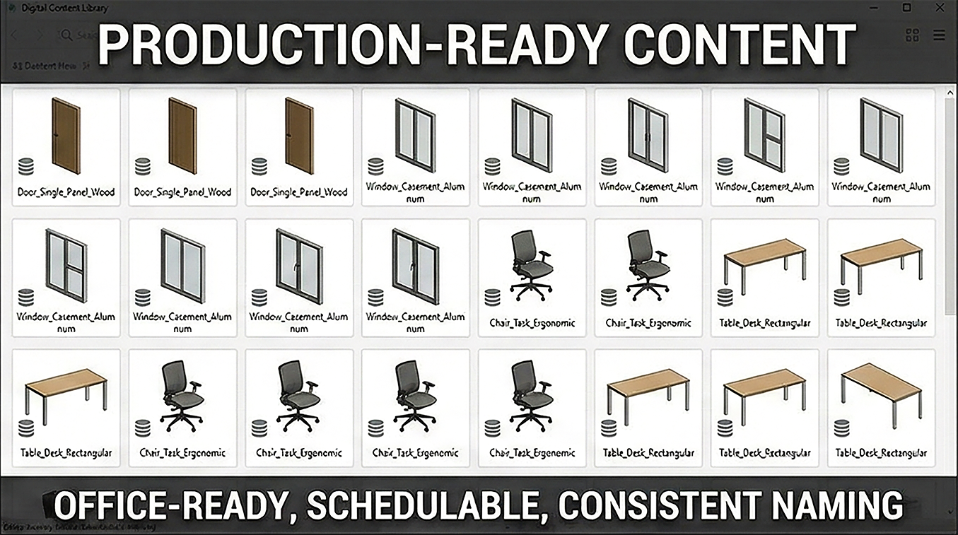 Library-ready Revit architecture families with consistent types, naming conventions, and schedule-friendly parameters.