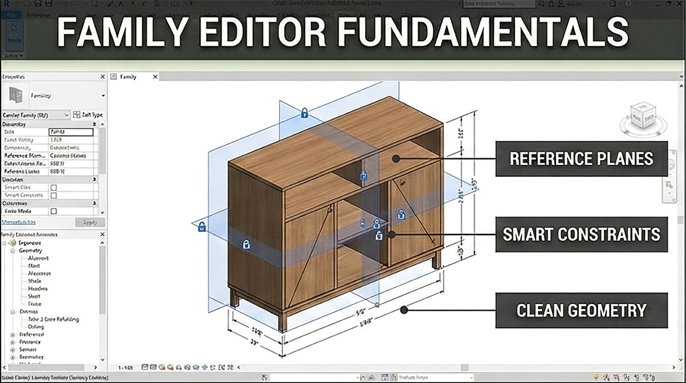 Revit Family Editor fundamentals showing reference planes, constraints, clean geometry, and parametric control for architecture families.