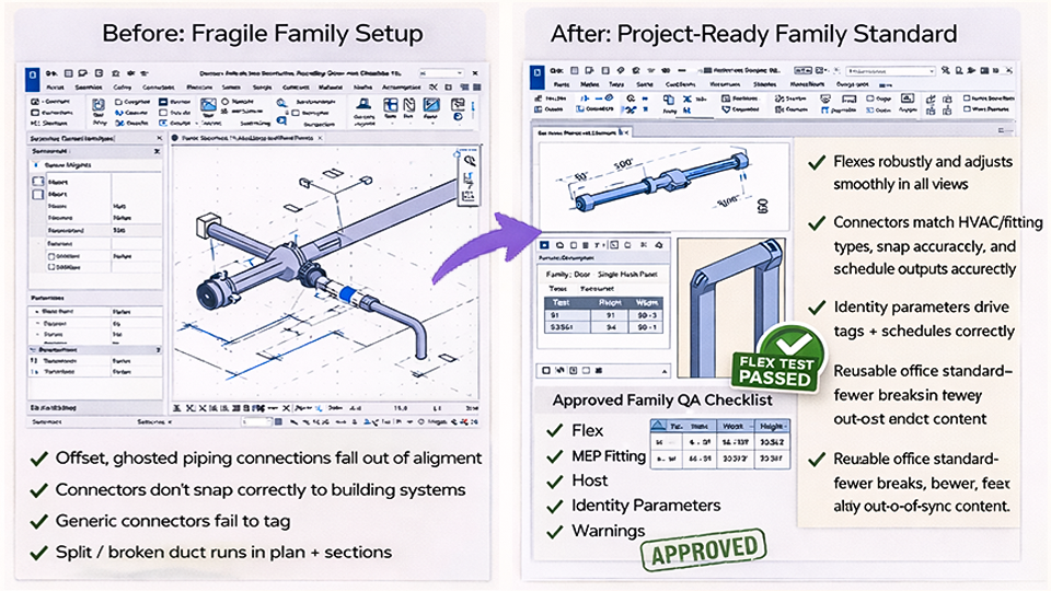 Before and after comparison of fragile Revit MEP families versus validated families with correct connectors and flow data.