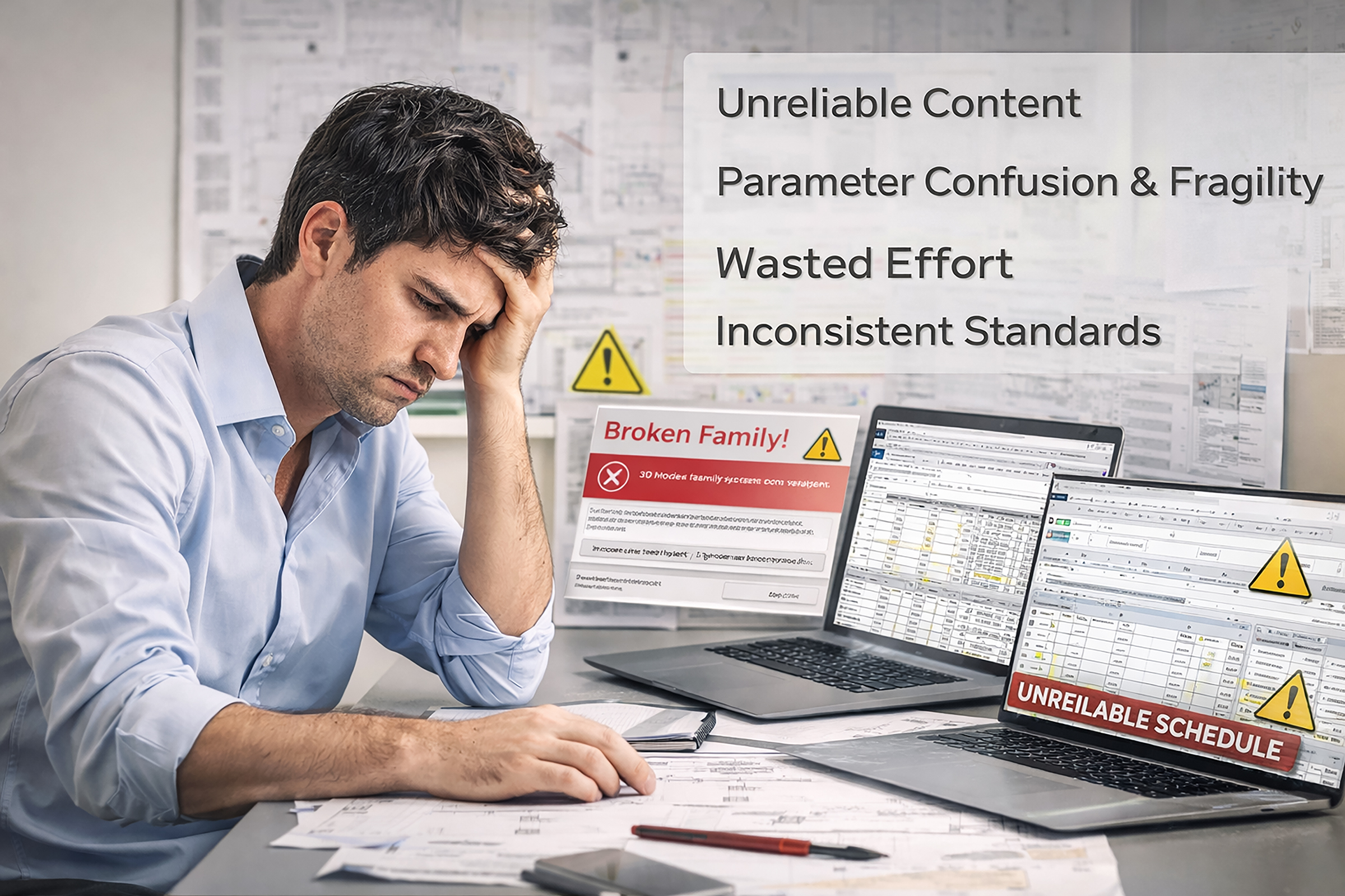 Architect frustrated by broken Revit families, unreliable parameters, failed flexing, and inconsistent BIM content behavior.