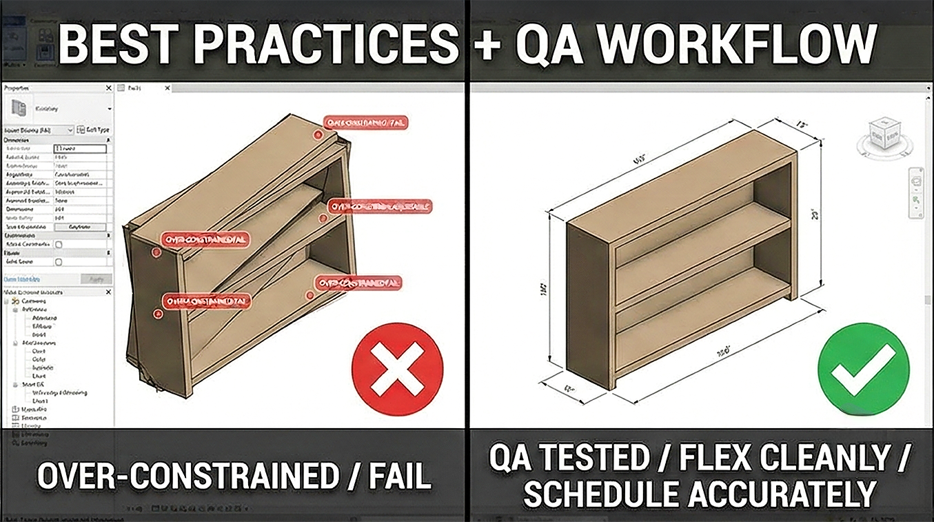 Comparison showing over-constrained Revit families versus clean, QA-tested families that flex safely and schedule accurately.