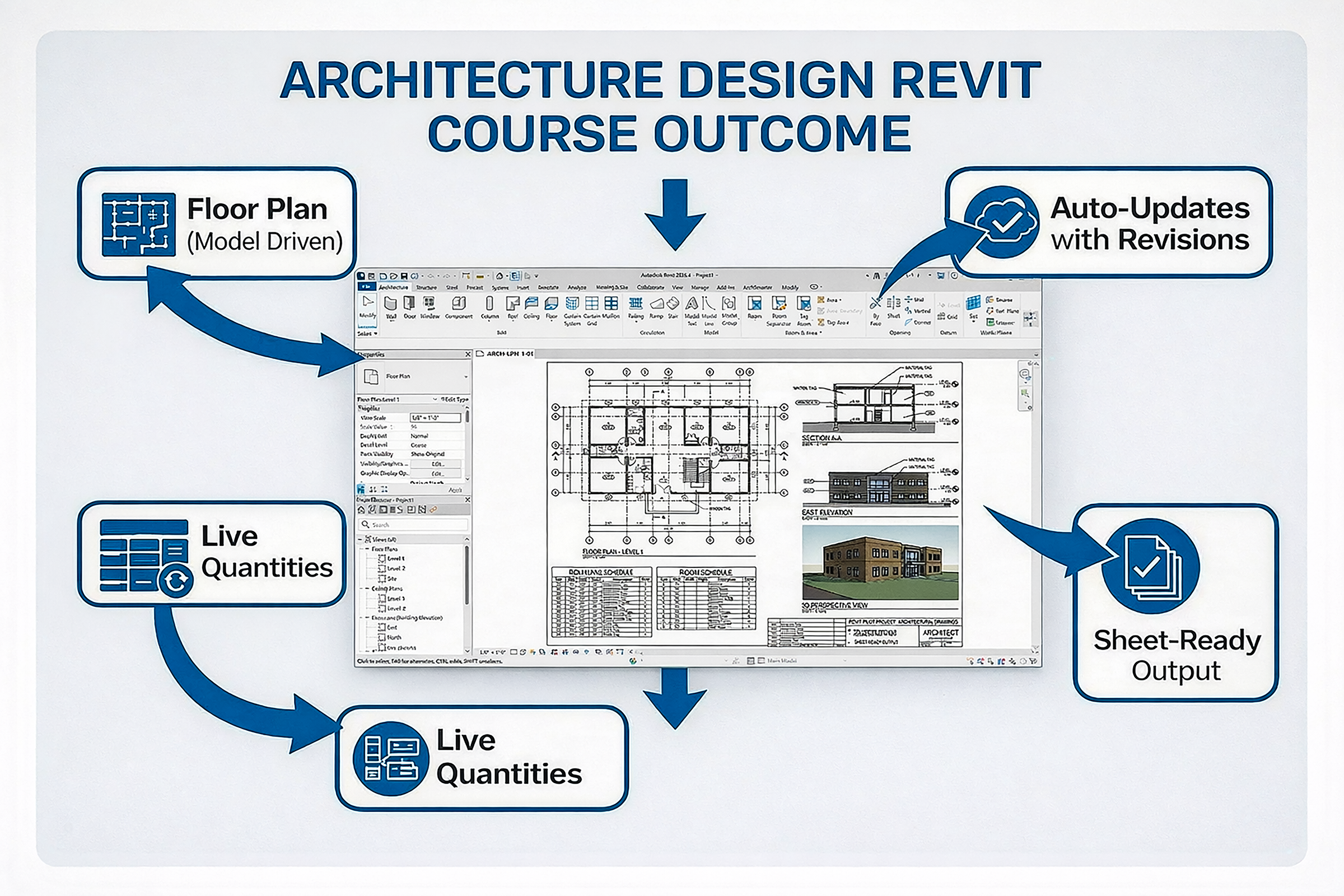 Sheet-ready Revit architectural documentation example displaying coordinated plans, elevations, and schedules for professional delivery.