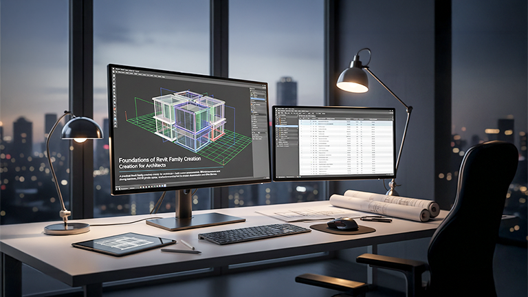 Workflow-driven Revit Architecture Family Creation course showing parametric BIM content, clean geometry, and scalable project-ready standards.