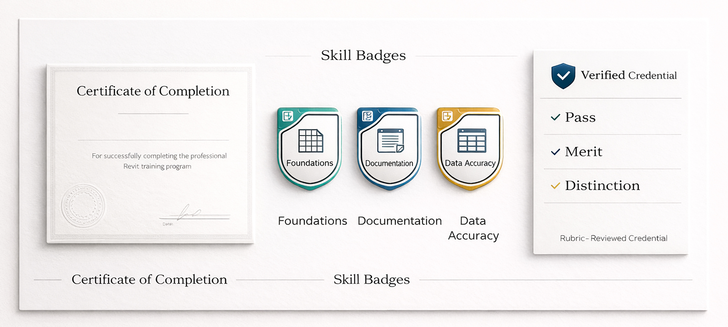 Revit workflow course credentials showing certificate of completion, skill badges for foundations, documentation, and data accuracy, and rubric-reviewed verification levels.