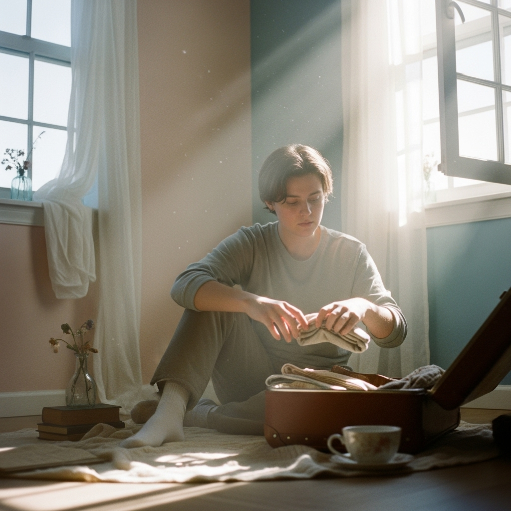 non-binary white person unpacking their suitcase