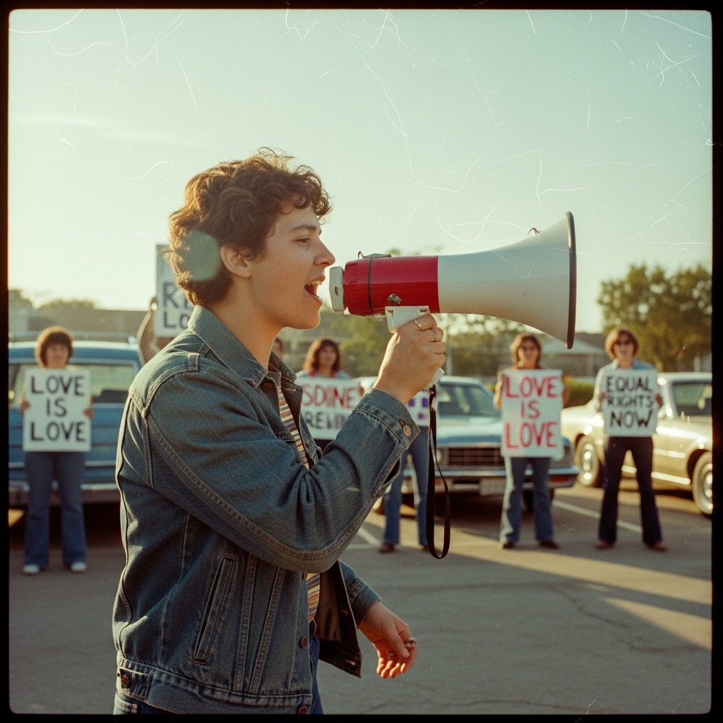 Non-binary white person holding a megaphone during a rally