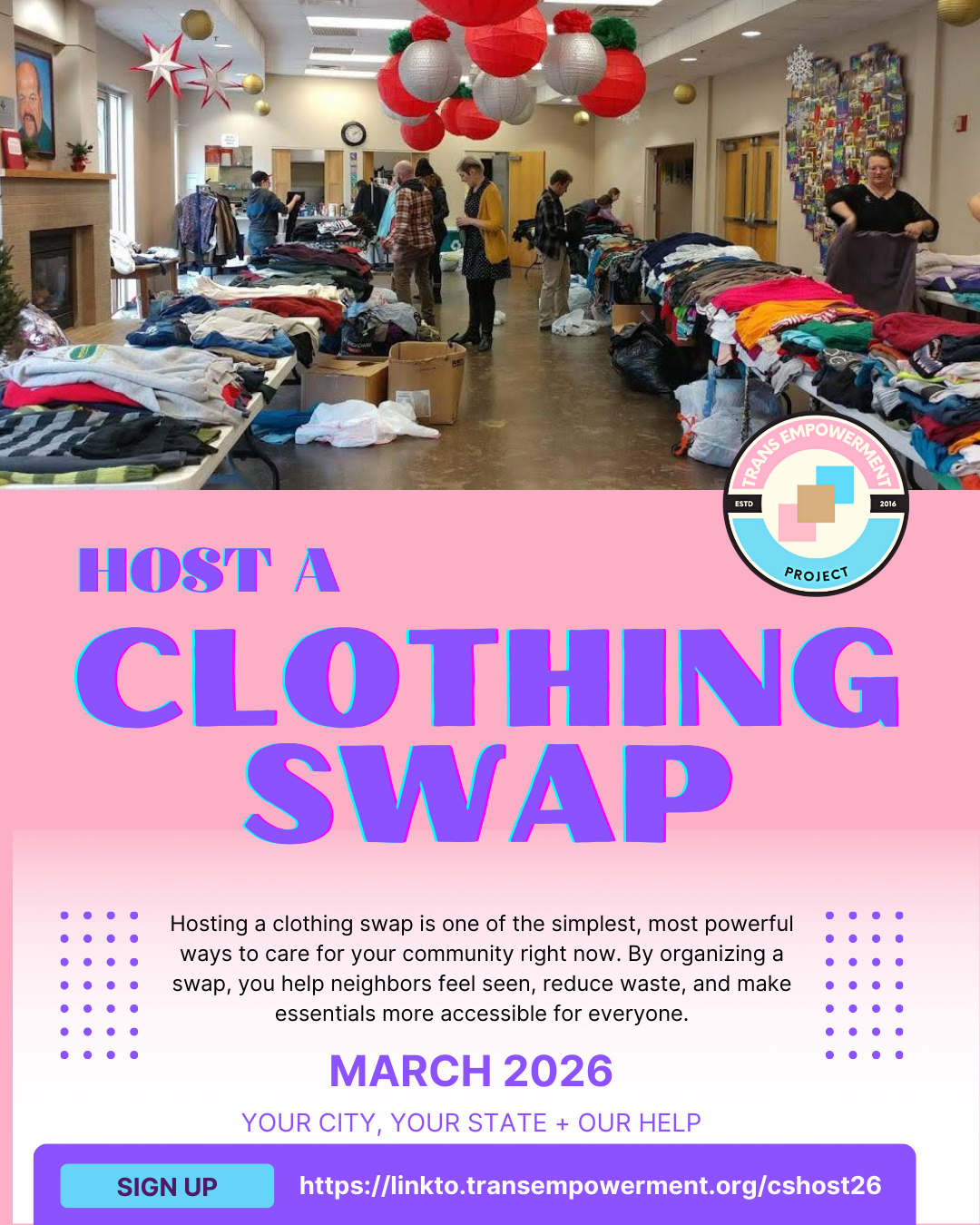 Host a clothing swap promotional art with a photo from a previous clothing swap showing an array of clothing and community sorting through the clothing