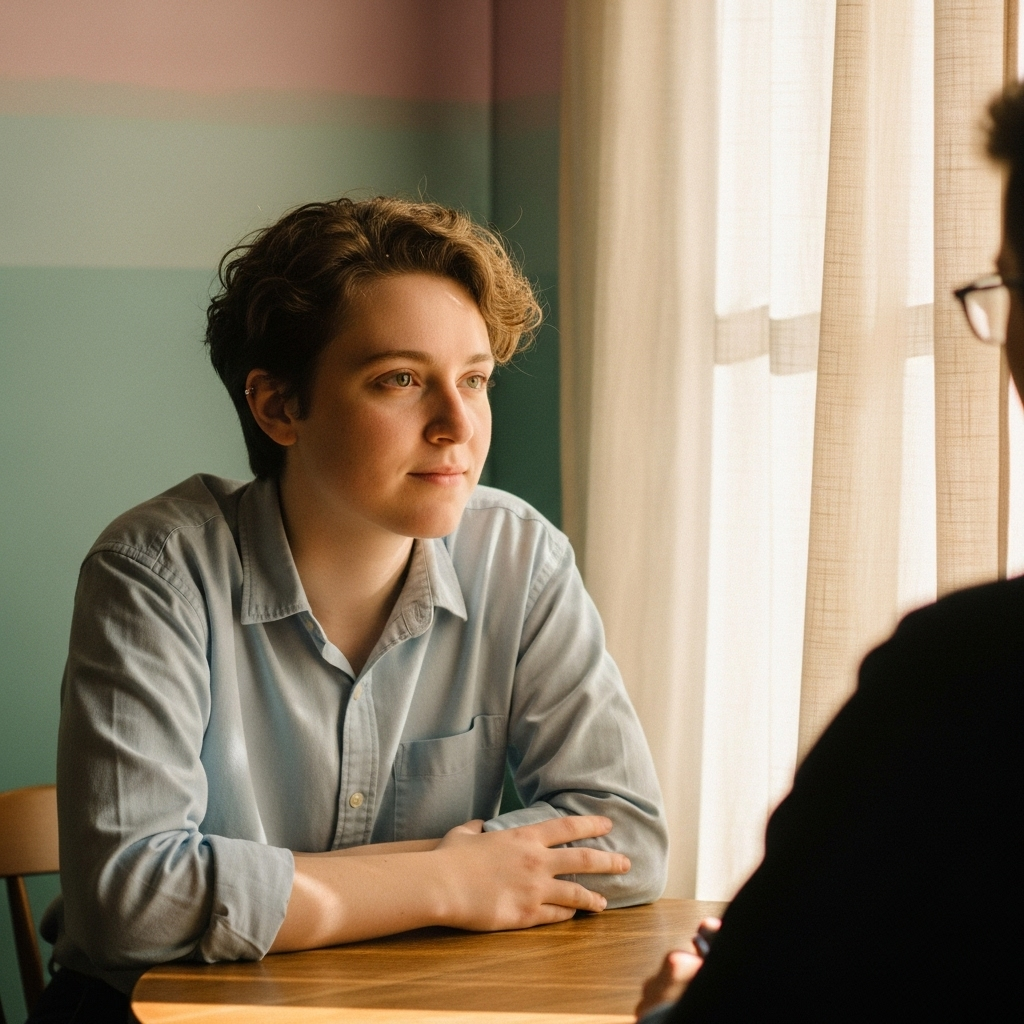 nonbinary white person actively listening during a conversation