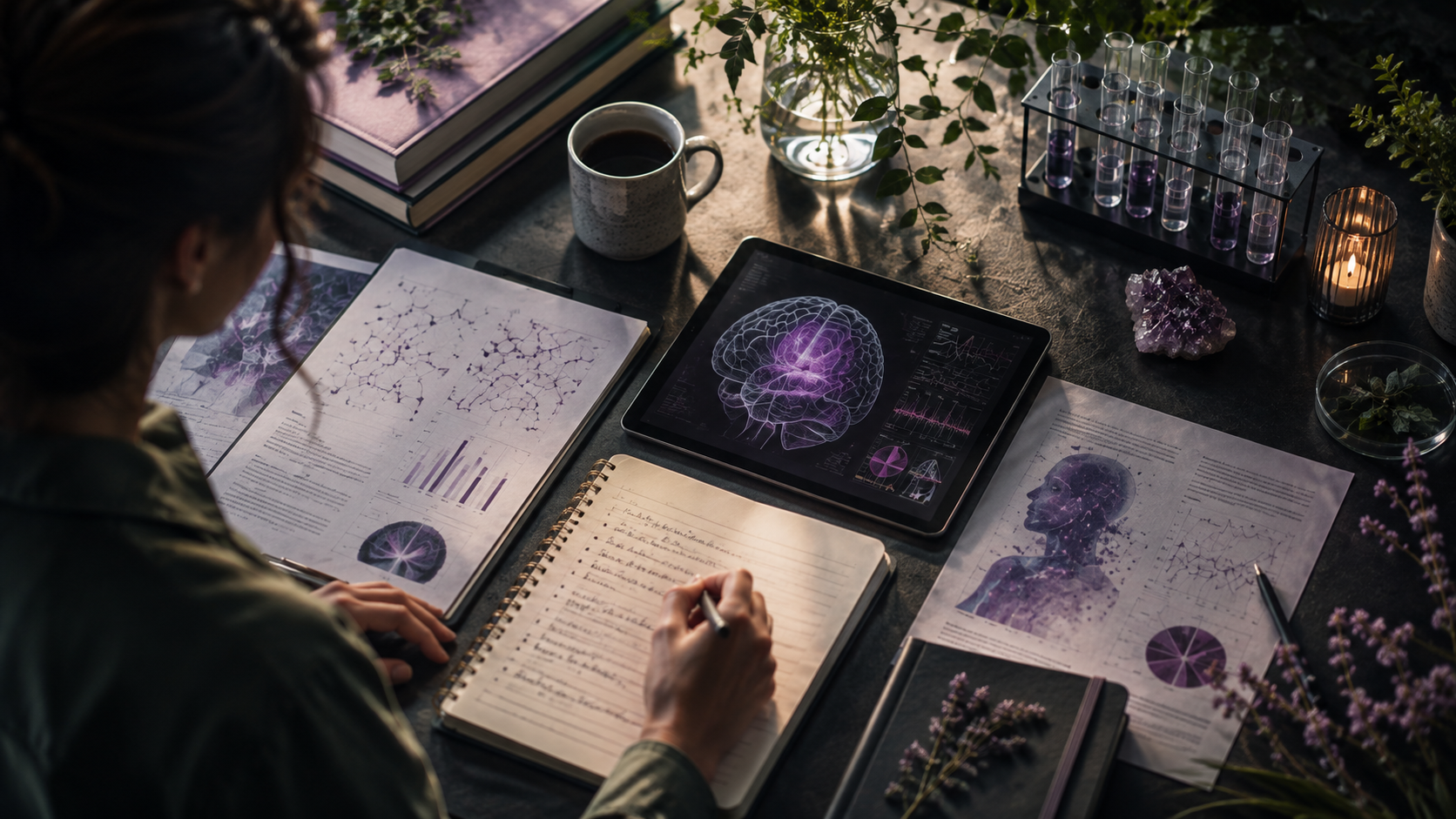 Person reviewing psychedelic clinical-trial notes beside a tablet displaying a brain image and laboratory materials.