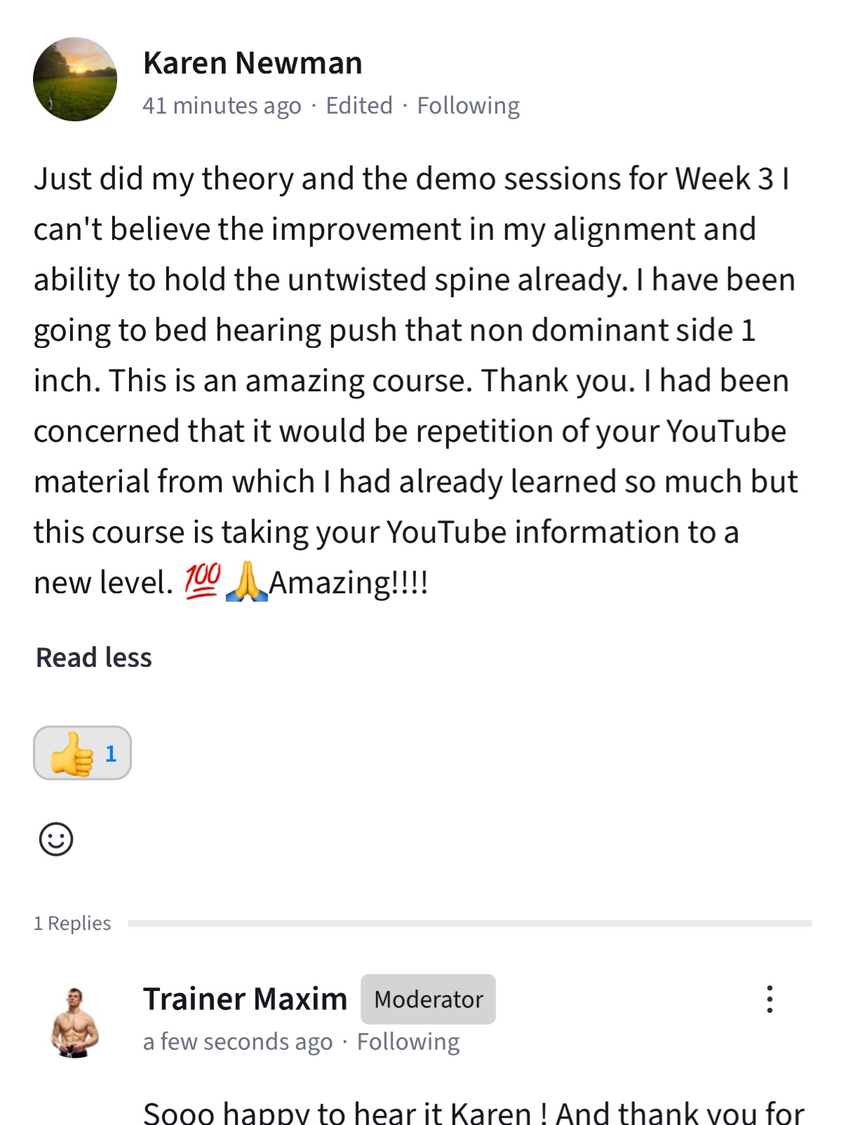 A positive student review about The Fundamental Course by GetGymnastFit
