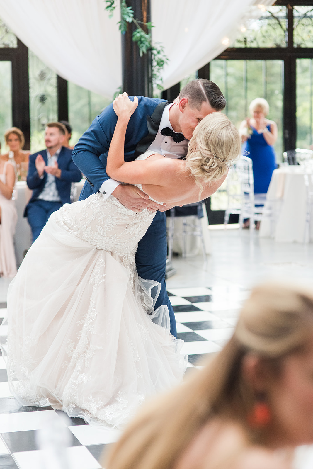 Jaclyn & Dustin, Sean Money Elizabeth Faye Photography, The Cedar Room Charleston, wedding dance kissing dip