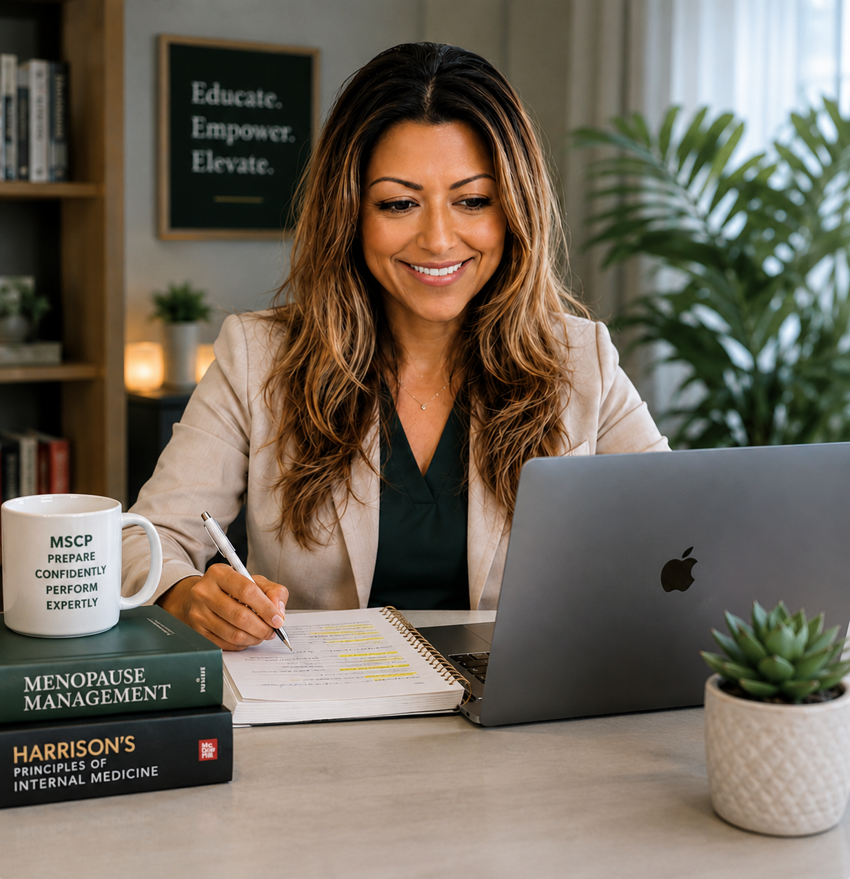 Menopause Society Certified Practitioner Dr. Sulagna Misra reviewing internal medicine and menopause exam preparation materials.