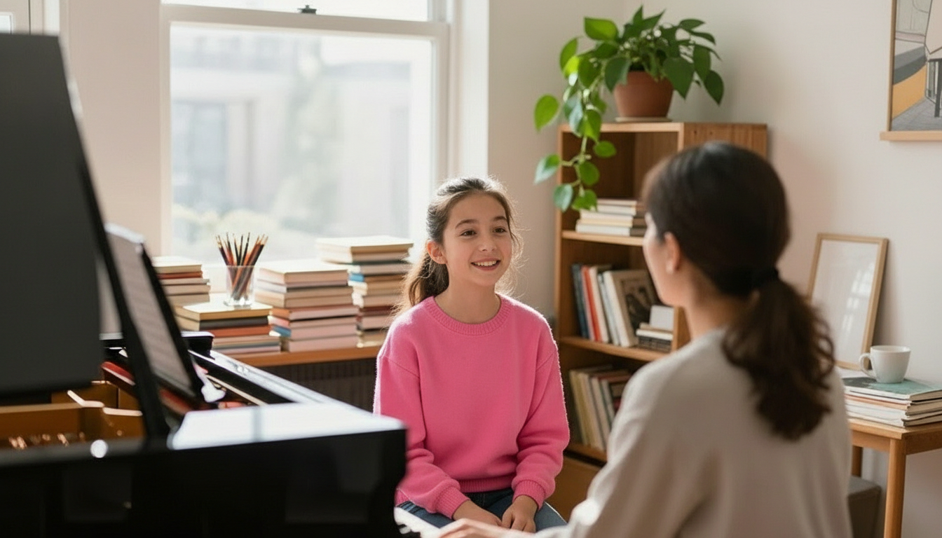 A young singers smiling at a voice teacher at the piano