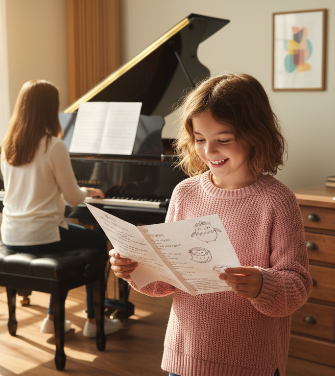 A young singer smiles looking at some music