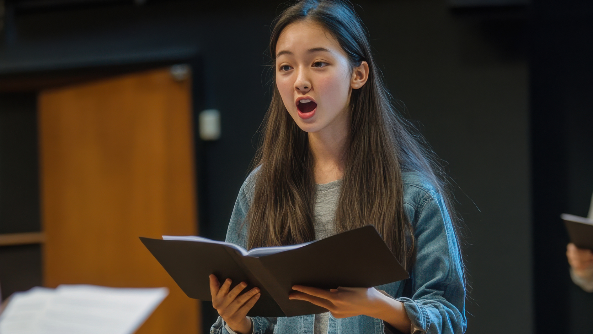 a young teenaged girl holding music and singing on stage