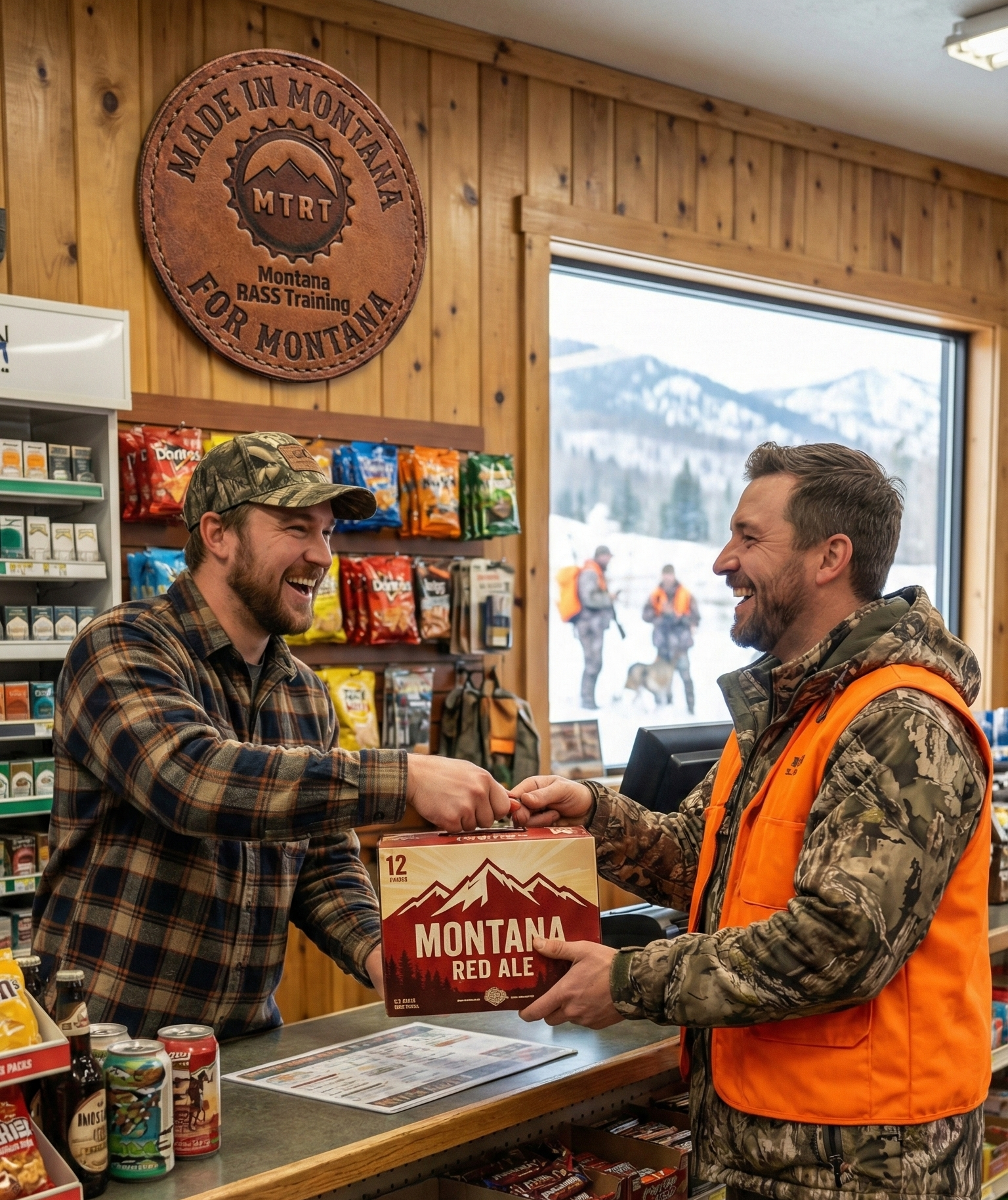 A clerk in a Montana convenience store sells a 12 pact of Montana Red Ale to a happy customer who's wearing an orange vest during hunting season